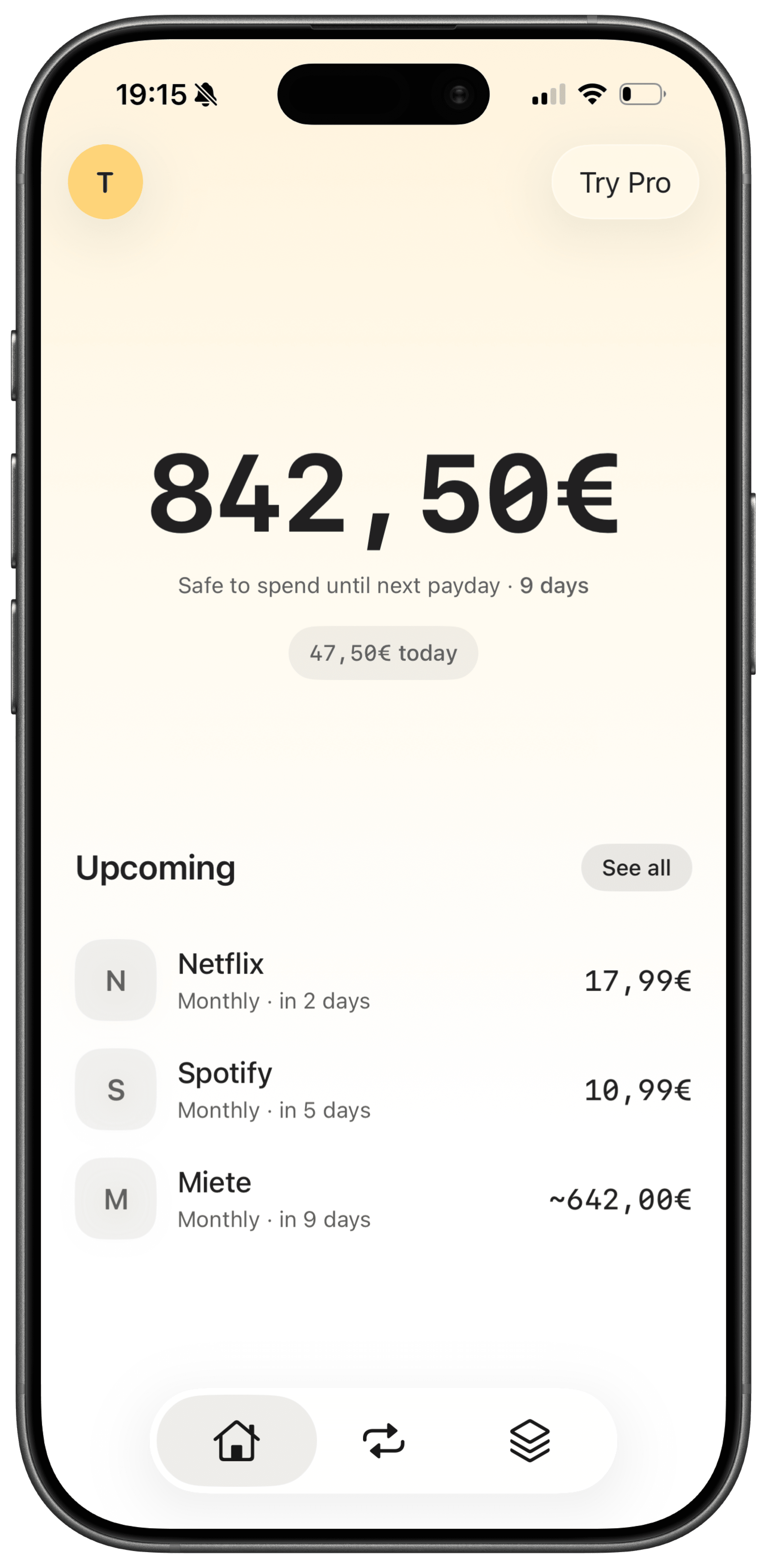 The Kashew app showing your safe-to-spend balance and upcoming bills